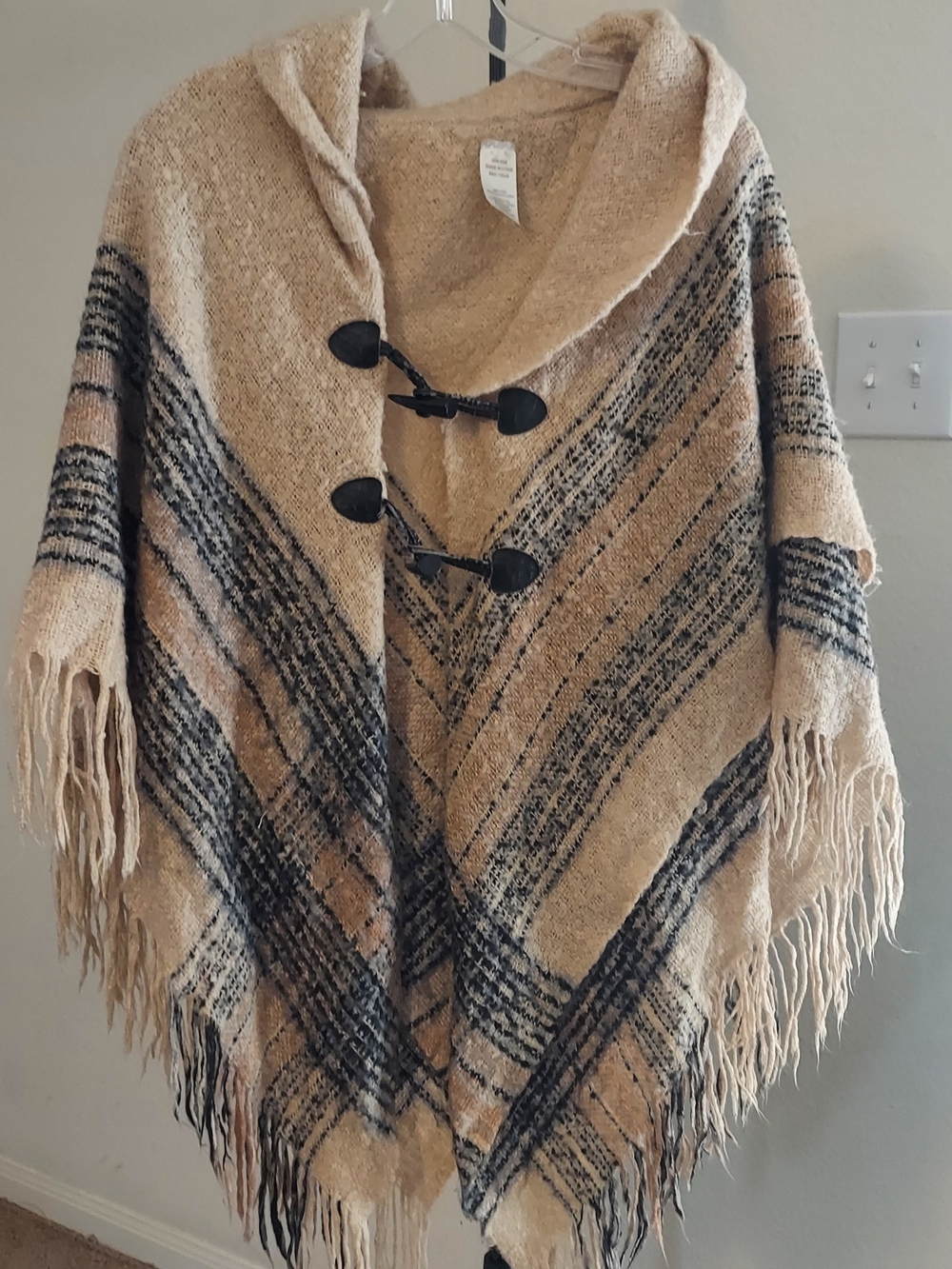 Hooded Fringe Poncho with Black Stripe Detail in Beige